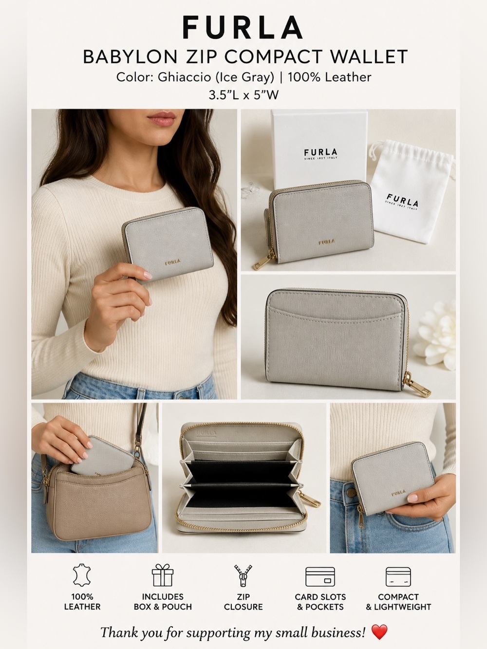 Furla Babylon Zip Compact Wallet Ghiaccio Gray Leather Box Dust Bag 5"